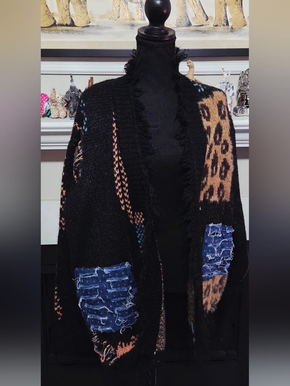 Black Mixed-Pattern Open Front Sweater with Leopard and Denim Patches Cardigan
